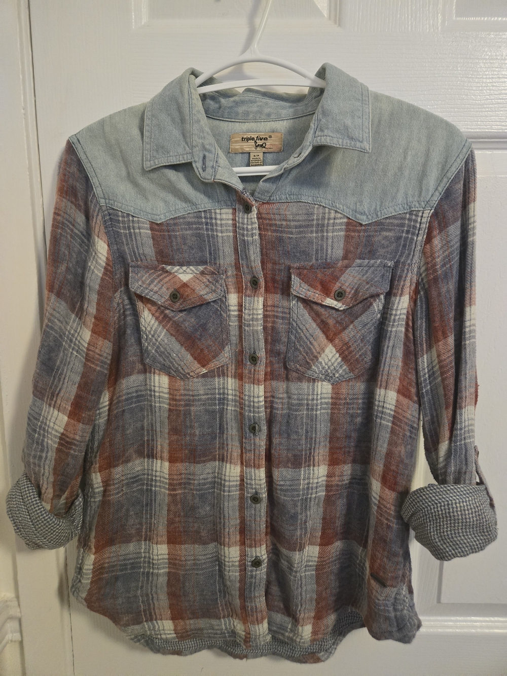 Triple Five Soul Plaid Button-Up Shirt in Faded Blue & Rust